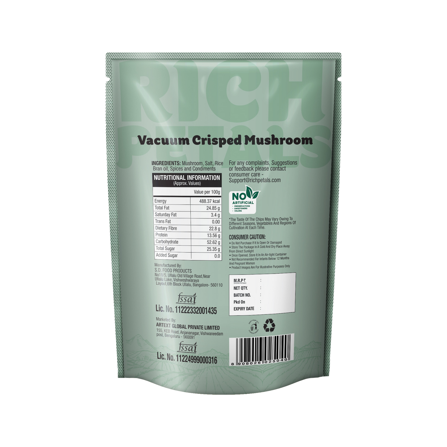 vacuum cripped mushroom snacks package with text and nutritional information on a white background