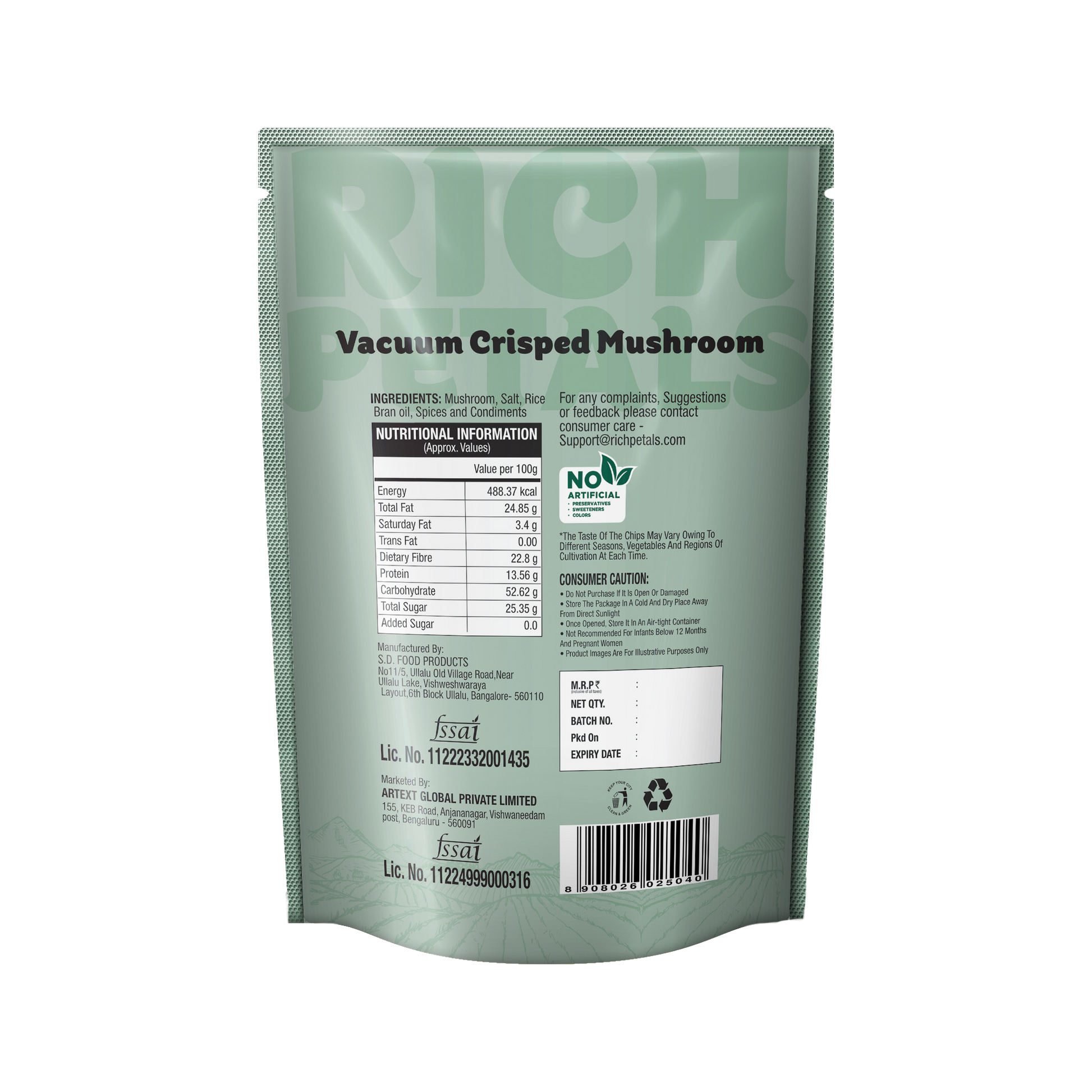 vacuum cripped mushroom snacks package with text and nutritional information on a white background